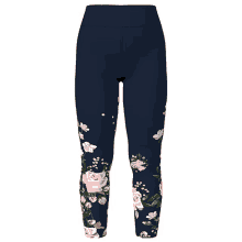 a pair of blue leggings with pink flowers on them