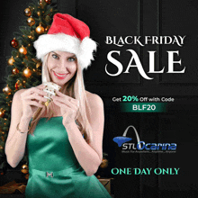 a woman wearing a santa hat is holding a gift in front of a christmas tree advertising black friday sale