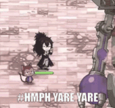 a cartoon character is standing next to a cat in a video game with the words `` hmph yare yare '' .