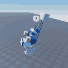 a computer generated image of a blue and white robot standing on a ledge