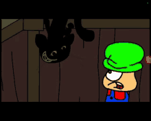 a cartoon character with a green hat stands next to a black cat with a smile on its face