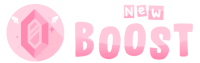 a pink and white logo that says new boost on it