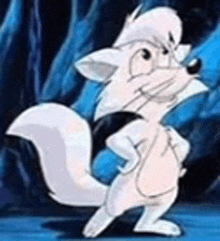 a white cartoon fox is standing with his hands on his hips in a cave .