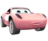 a pink cartoon car with blue eyes and a sad look on its face