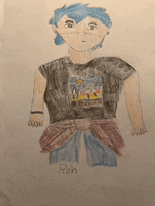 a child 's drawing of a boy with blue hair and the name roh on the bottom