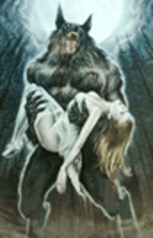a werewolf is holding a woman in its arms .