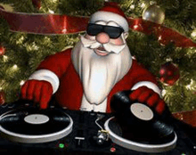 a cartoon of santa claus playing music on a dj mixer in front of a christmas tree .