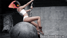 a picture of a woman sitting on a ball with beep boopbotz.io written below her
