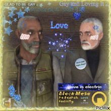 two men are standing next to each other with a sign that says love is electric
