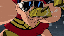 a cartoon character is wearing sunglasses and holding a piece of gold