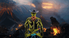 a neon cowboy is standing in front of a fire