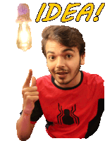 a man wearing a red shirt with a spider on it points at a light bulb with the words idea written above him