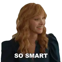 a woman with red hair is smiling with the words so smart written below her