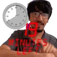 a man with glasses stands in front of a clock that says minutes left
