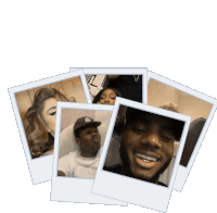 a stack of polaroid pictures includes a man wearing a hat with the letter b on it