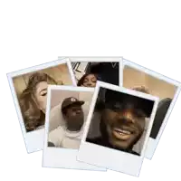 a stack of polaroid pictures includes a man wearing a hat with the letter b on it