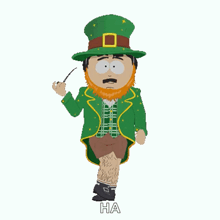 a cartoon of a leprechaun holding a wand with the letters ha below him