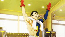 a cartoon of a man with his arms in the air and a towel around his neck