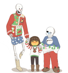 a drawing of three skeletons wearing ugly sweaters with candy canes on them