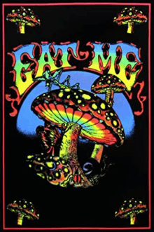 a glow in the dark poster with mushrooms and the word psychedelic on it