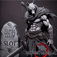 a statue of a man with a wolf mask holding a sword next to a sign that says alpha whutf masf slot