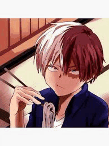 shoto todoroki is eating noodles with chopsticks .