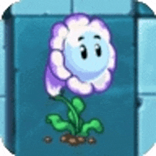 a purple and white flower with a face on it is growing out of the ground in a video game .