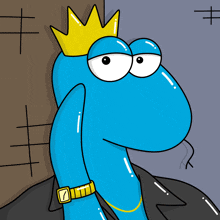 a blue cartoon character with a gold watch and a crown on his head