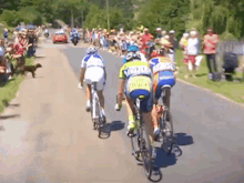 a group of cyclists are riding down a road and one of them is wearing a jersey that says ' switzerland '