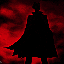 a silhouette of a man in a cape with the letter b on the bottom right