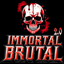 a logo for immortal brutal 2.0 with a bloody skull on a black background