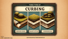 a poster showing three different types of curbing including mower edge slant style and commercial