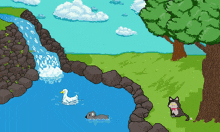 a pixel art drawing of a waterfall with a duck in it