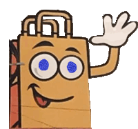 a cartoon drawing of a paper bag with a face and blue eyes waving