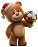 a teddy bear wearing a santa hat holds a bouquet of flowers