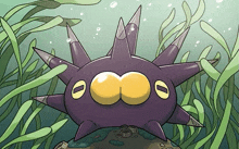 a cartoon drawing of a purple sea urchin with yellow eyes and spikes