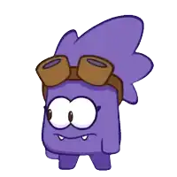 a purple cartoon character is wearing goggles and making an angry face