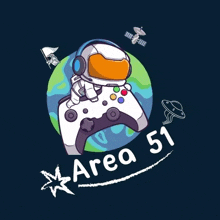 a cartoon drawing of an astronaut holding a video game controller with the words area 51 below it