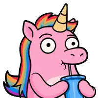 a pink unicorn with a rainbow mane drinking from a blue cup with a straw