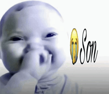 a baby is making a funny face with the word son in the corner