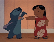 lilo and stitch are standing next to each other and lilo is pointing at stitch