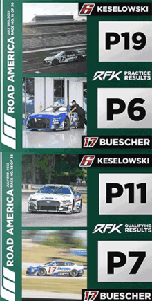 a row of road america race tickets with the numbers p19 p6 and p11 on them