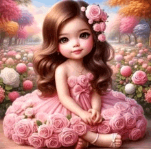 a little girl in a pink dress is sitting in a field of pink roses .