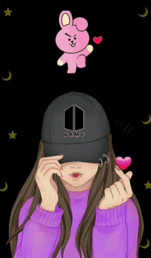 a girl wearing a hat that says army is holding a pink heart