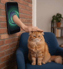 a cat sitting on a chair with a phone hanging on a brick wall