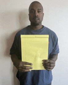 a man in a blue shirt is holding up a yellow notepad