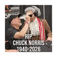 a poster that says rip chuck norris 1940-2026 with two men in costumes