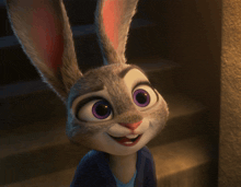 a cartoon rabbit with purple eyes and a blue jacket