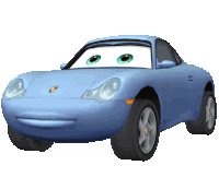 a blue cartoon car with big eyes and a porsche logo on the front