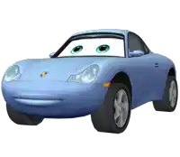 a blue cartoon car with big eyes and a porsche logo on the front